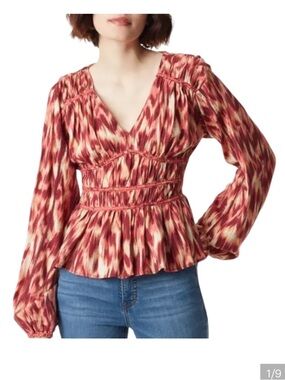 Sam Edelman Red Multicolor V-Neck Smocked Peplum Blouse